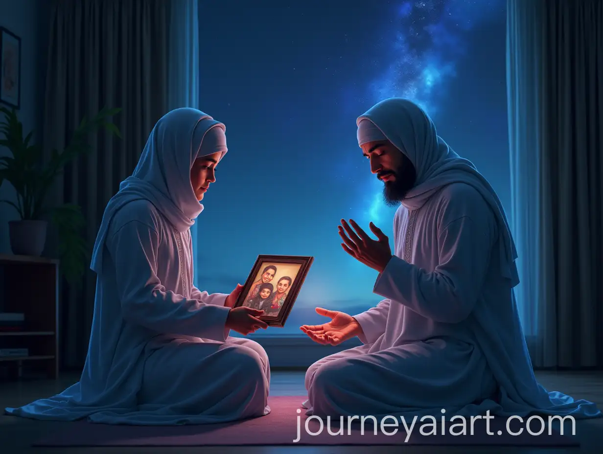Sad-Muslim-Man-Praying-with-Comforting-Ghost-in-a-NebulaInspired-Room
