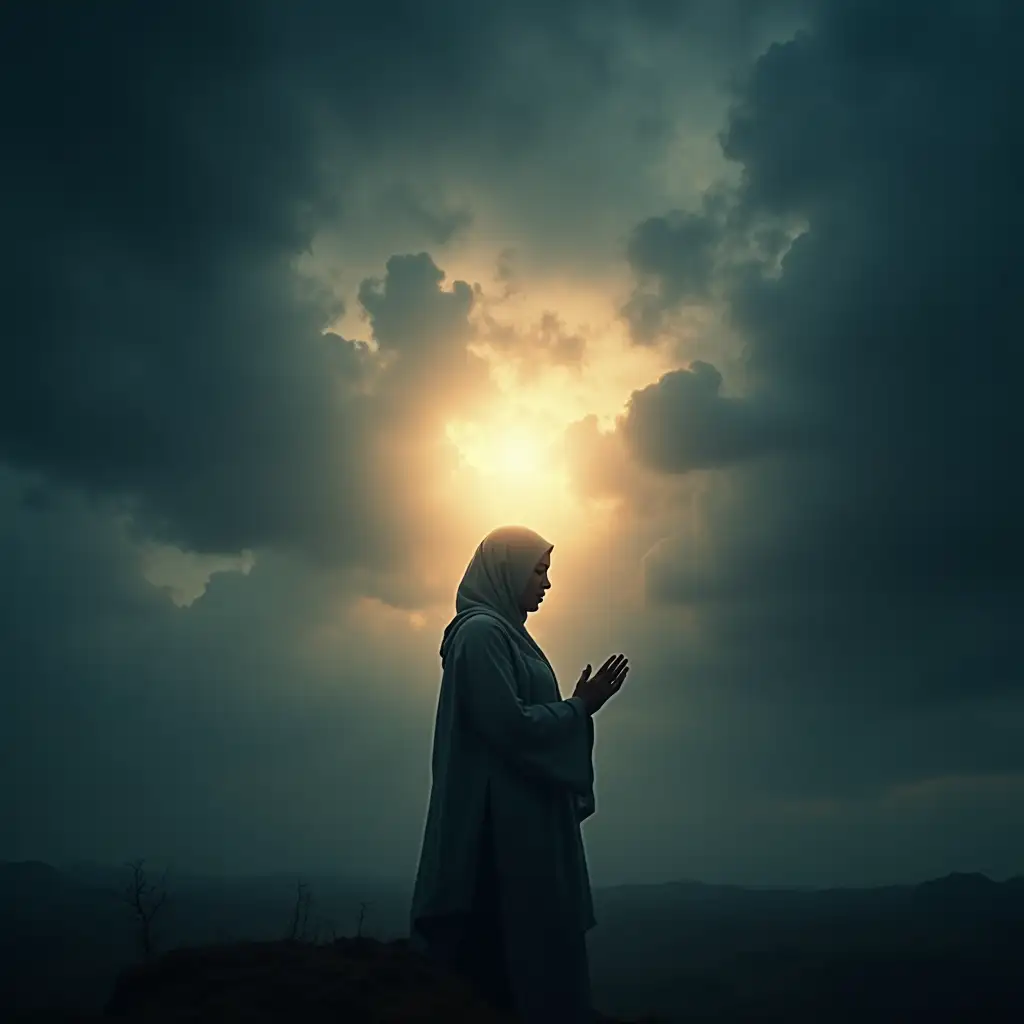 A tranquil yet dramatic visualization of a female in Islamic wears praying salat in the midst of a storm. The environment features a stark contrast between dark, swirling clouds and a glowing inner light emanating from the figure. This light symbolizes resilience and clarity, anchoring them amidst chaos. The scene transitions into calming hues of blue and gold as the storm begins to dissipate, representing the transformative power of mindfulness.