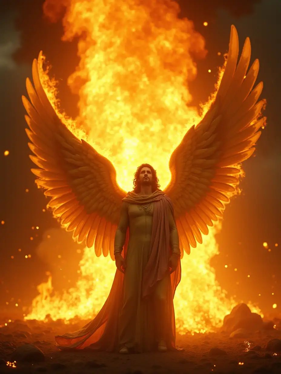 It generates a hyper-realistic image of A majestic angel with golden wings, semi-faded, is standing in front of an immense wall of fire that partially envelops him. His face shows serenity and resignation, while the flames seem to devour him slowly. The fire, almost human, arches towards him, as if responding to the call of a superior force. The scene is intense, with warm tones and a dark sky full of sparks.