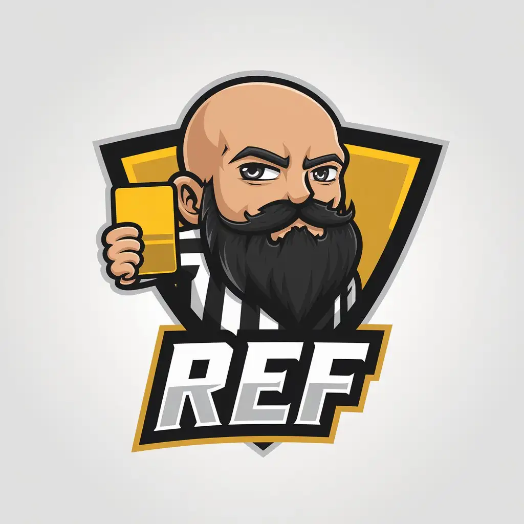 LOGO Design for REF Chibi Character with Bald Head Long Black Beard and Yellow Card Theme