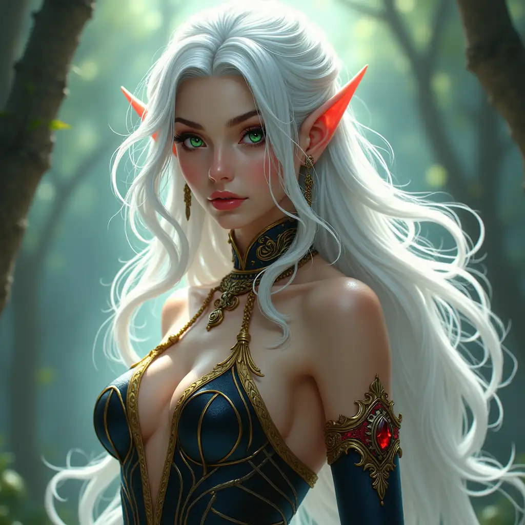 Imagine an elven lady with ethereal beauty: flowing silver hair, glowing green eyes, and elegant, revealing attire with gold and blue accents. Her presence is both graceful and commanding, exuding an air of confidence and allure. Her attire features striking red and black elements, adding a touch of boldness to her enchanting appearance.