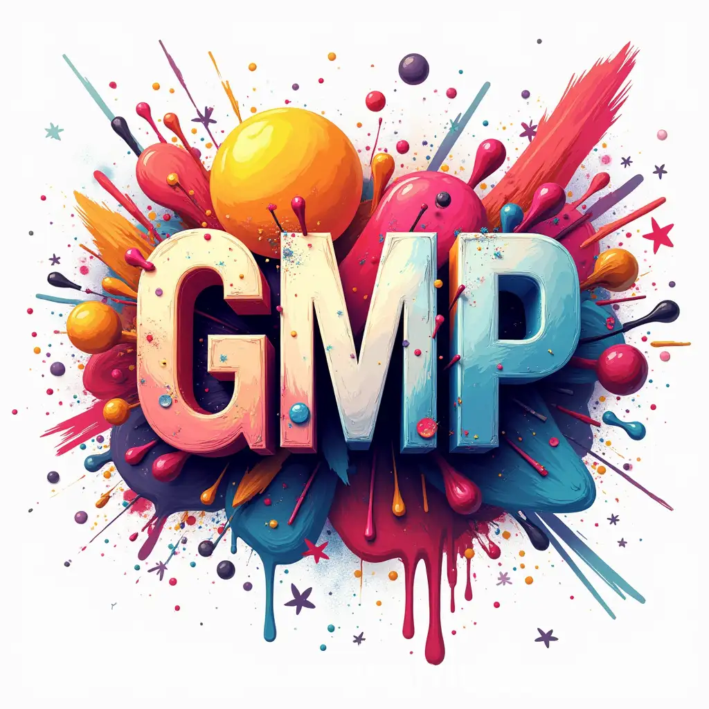 Dynamic and Playful GMP Typography Design with Abstract Patterns and Vivid Colors