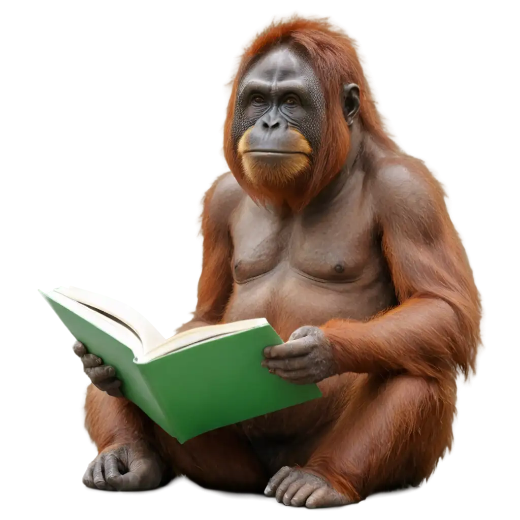 PNG-Image-Usage-AnalysisOrangutan-Reading-a-Green-Book-PNG-A-Creative-and-Detailed-Illustration-for-Your-Digital-Projects