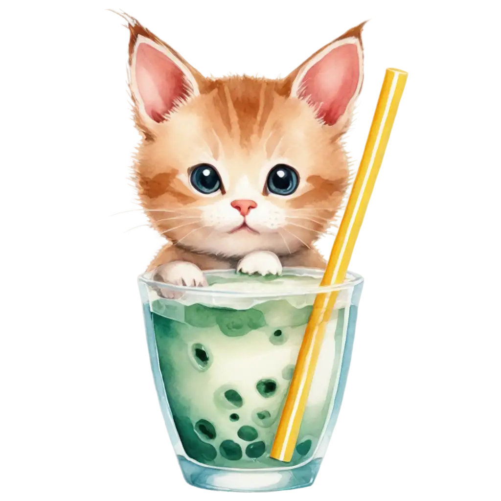 Whimsical-Watercolor-PNG-Image-of-a-Kitten-Sipping-Bubble-Tea