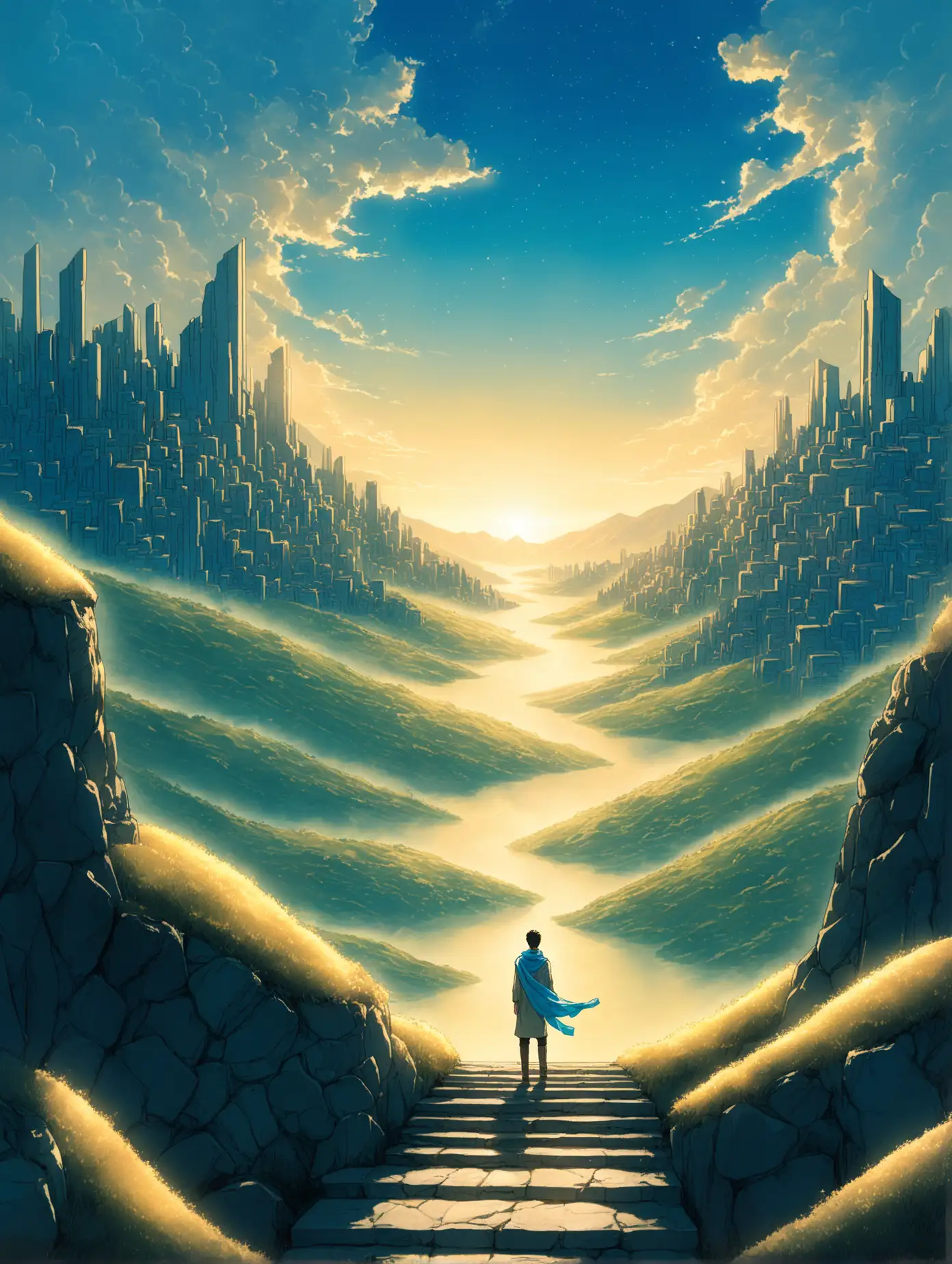 In a warm and dreamy comic-style world, the first streak of morning sunlight floods the rolling mountains, gently combining the golden light with the azure sky. A young man stands on a small hill, gazing into the distance, with stone steps leading to an unknown world beneath him. His gaze is resolute, filled with anticipation and longing for the future, as a gentle breeze picks up his scarf and sets it gently swaying in the air. In the distance, a futuristic city can barely be seen, shimmering with light, hinting at endless possibilities.