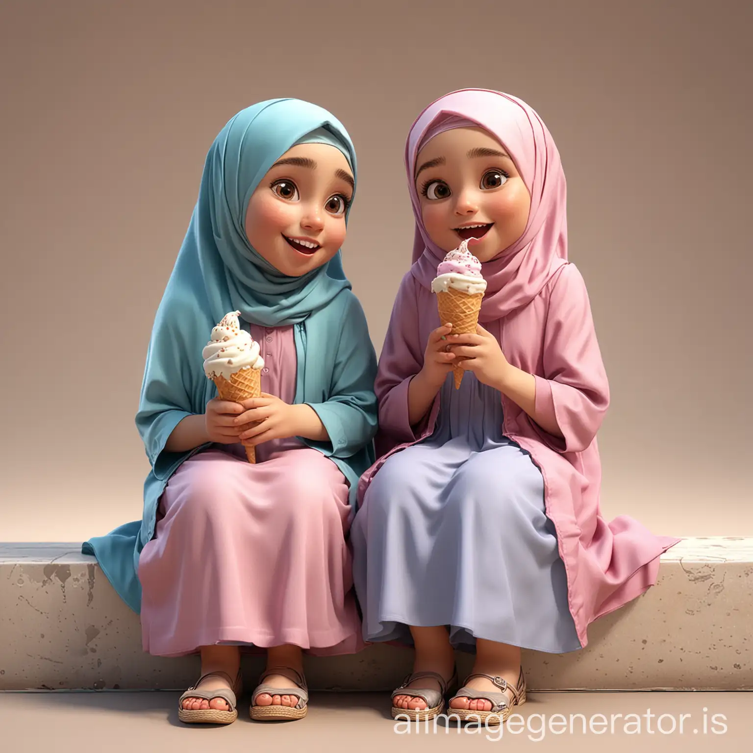 4D cartoon, two sisters age 11 years old, a bit chubby, and 5 year old sister, both wearing hijab and long dresses, sitting happily enjoying an ice cream cone each, realistic