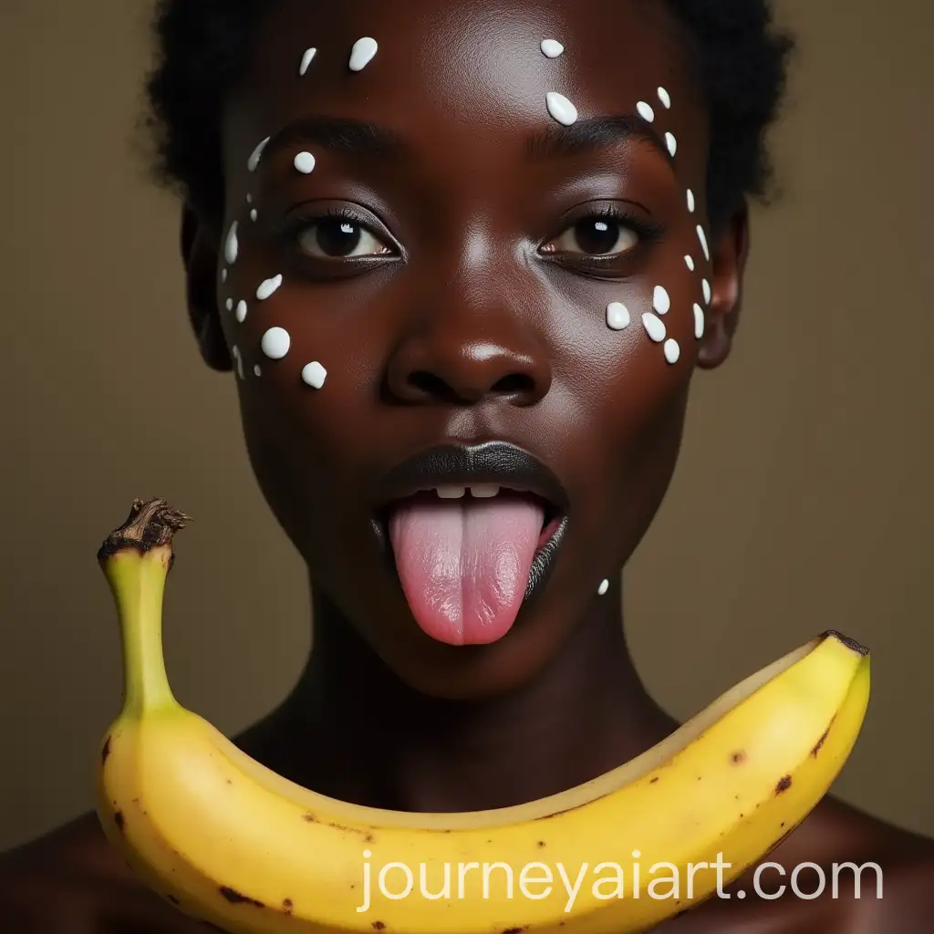 African-Woman-with-Sticky-Glue-Drops-on-Her-Face-and-a-Banana