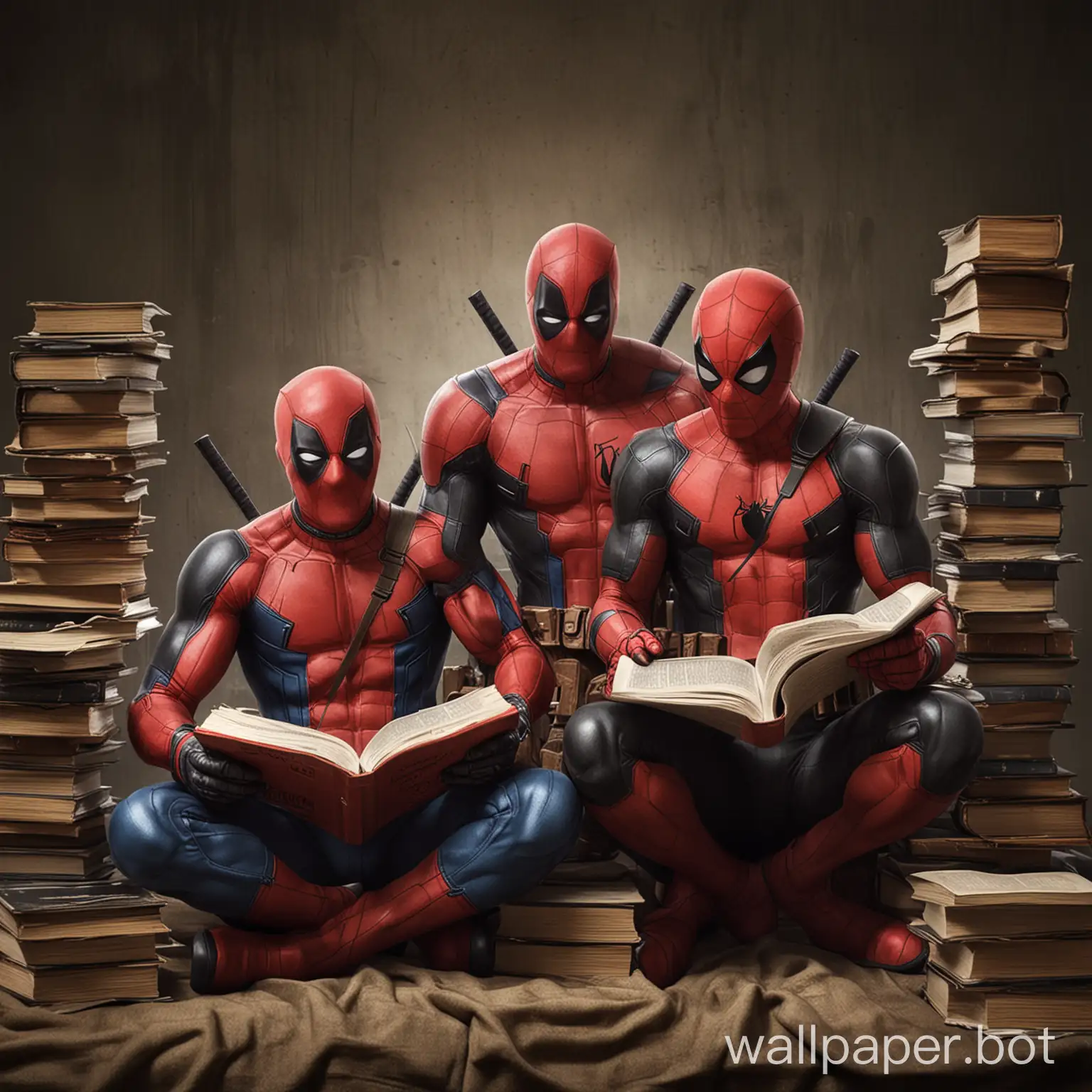 Deadpool and spiderman reading books