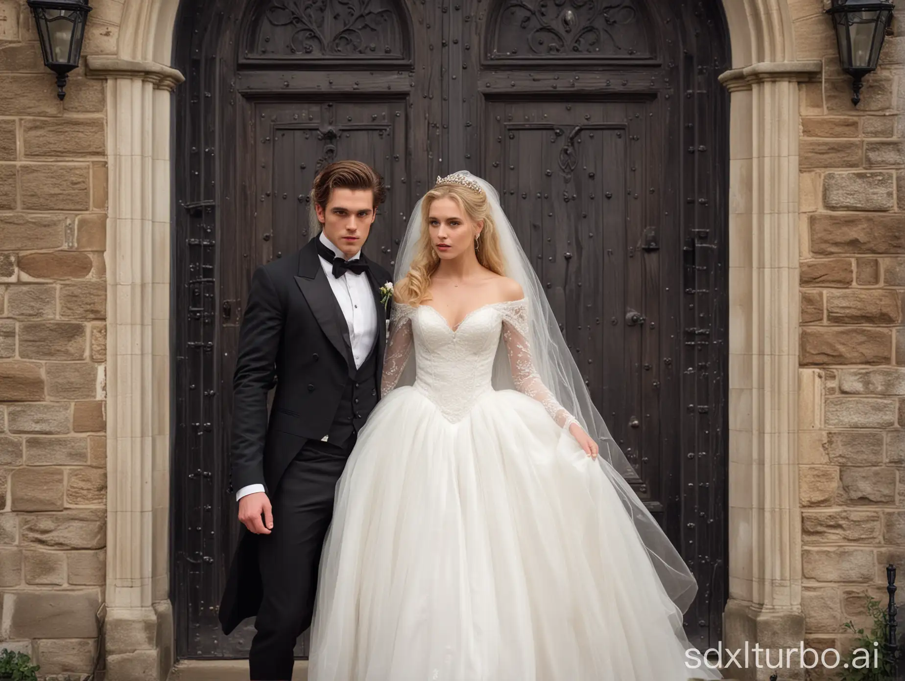 A tall elegant young handsome burly brunette groom with hair below his shoulders, wearing a black tailcoat, looking like a stunningly handsome arrogant vampire, and a young beautiful shy blonde bride in a white wedding long dress with closed sleeves, a puffy skirt and a translucent veil, walk out of the church doors in the Victorian era.