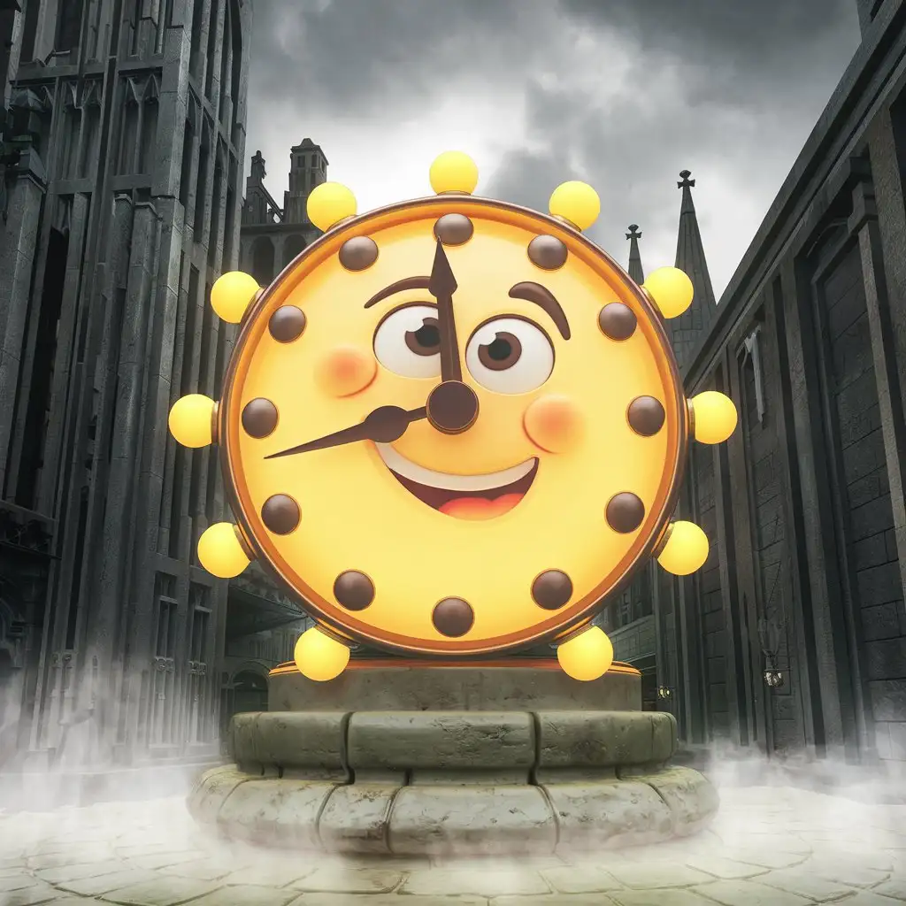 3D-Cartoon-Bright-Clock-Face-with-Balls-and-Special-Effects-in-Fog