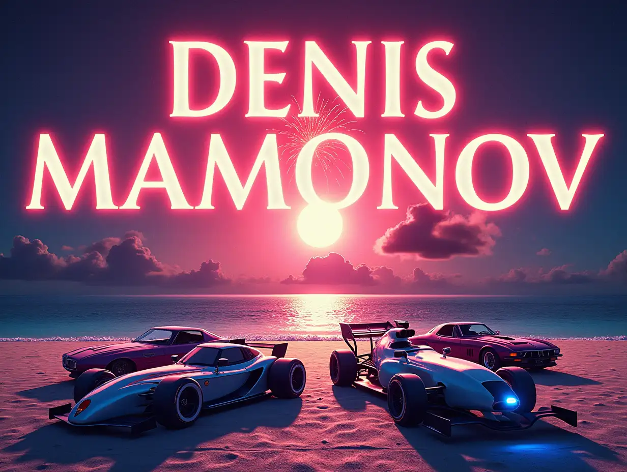 a bright cover with the inscription ‘DENIS MAMONOV’ Various racing cars, yachts, Mercedes, villas, Maldives, sun, clouds, money, euros, dollars, fireworks, The background should be in money with a dark purple shade with notes of pink drops