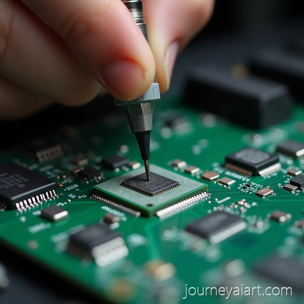 Technician-RepairTechnician-repairing-laptop-chipseting-Laptop-Chipset-with-Blower-and-Green-Solder-Mask