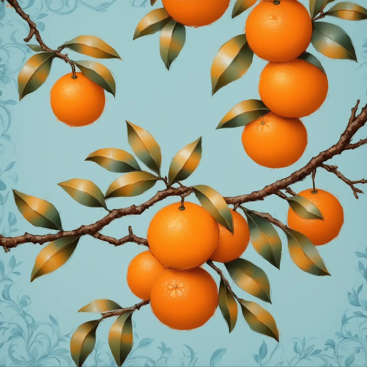 Decorative-Painting-of-Oranges-on-a-Small-Branch-with-Soft-Blue-Background