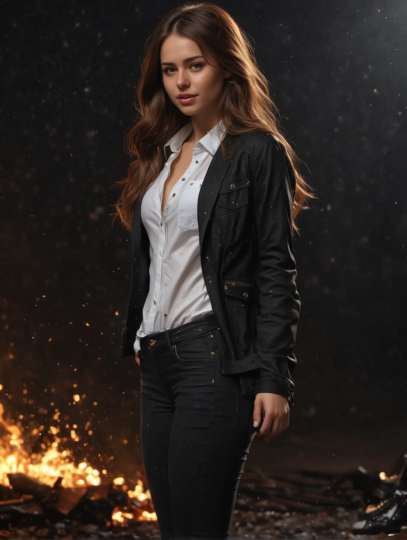 Brunette-Woman-in-Black-Jacket-Standing-in-Dark-Space-with-Fire-and-Golden-Sparkles