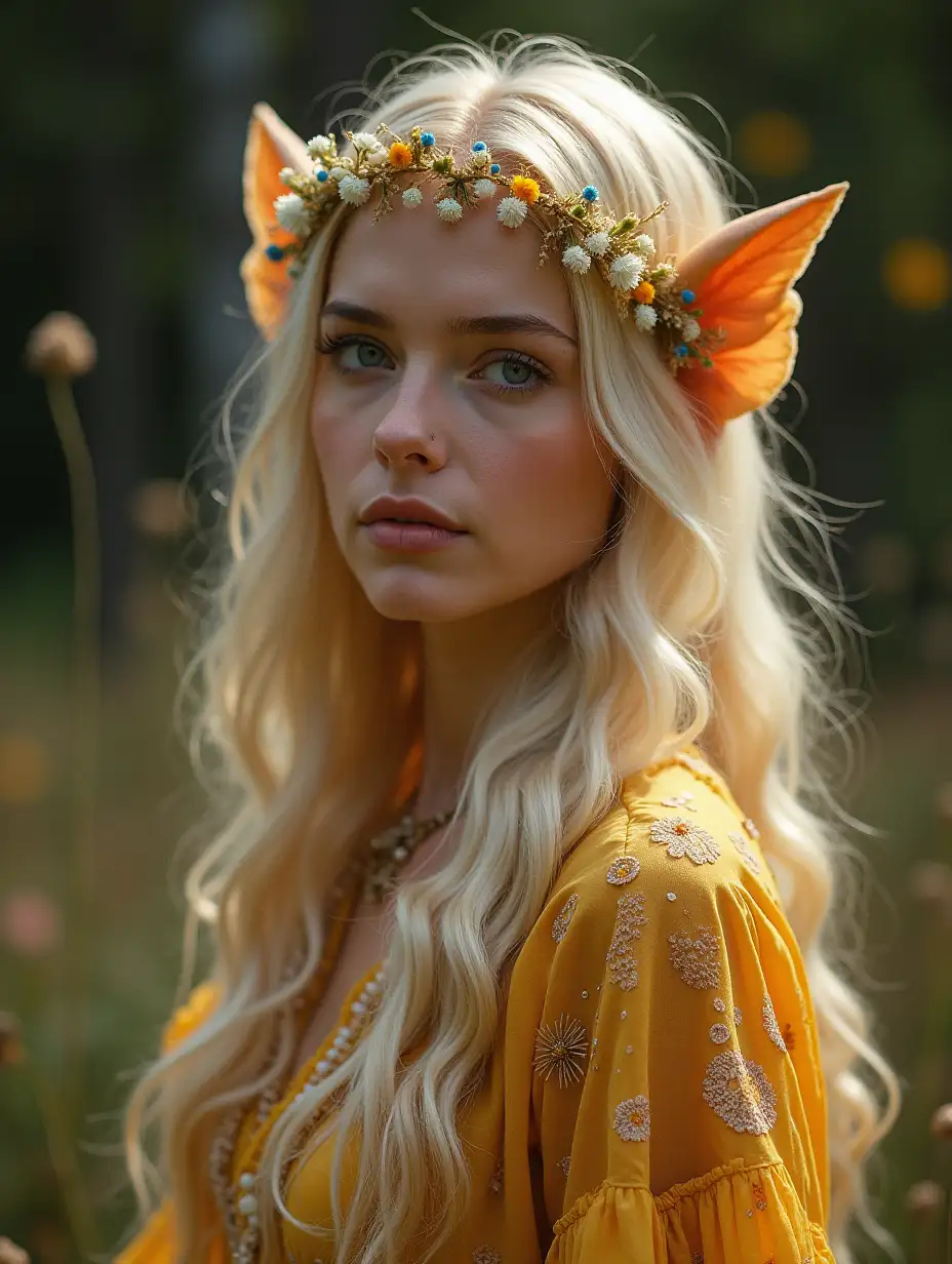 aesthetics, boho chic, a charming creature, a woman - an unearthly charm, a virgo in an outfit woven from an extract of magical elven aura and star millet, fairy pollen, nectar of a flower from the lunar garden, her hair is creamy cream from honey milk, a petal of lunar constellations, vibrations of love