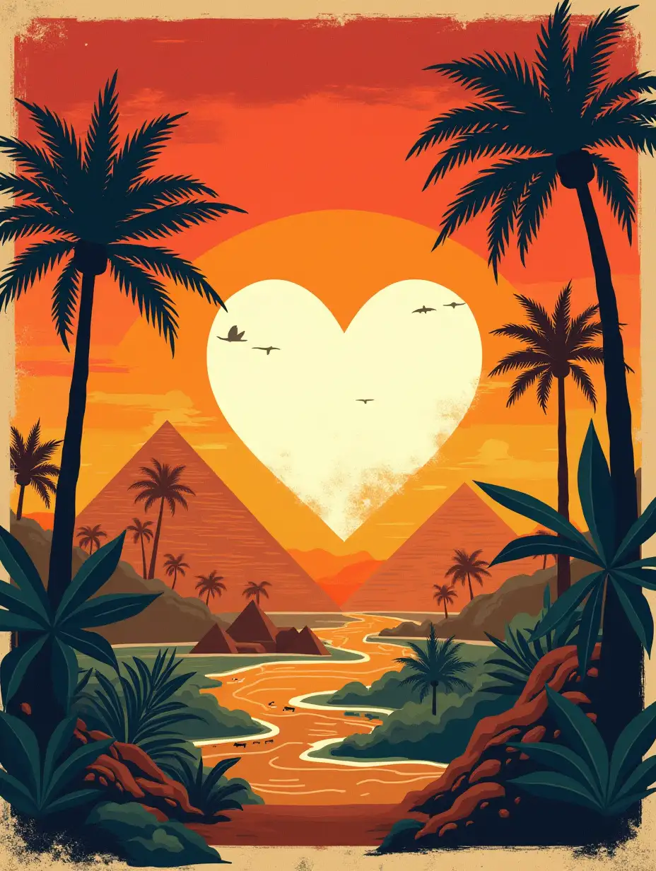 a retro poster, vibrant colors, theme, egypt, travel, nature and music, in the centre a white heart shape