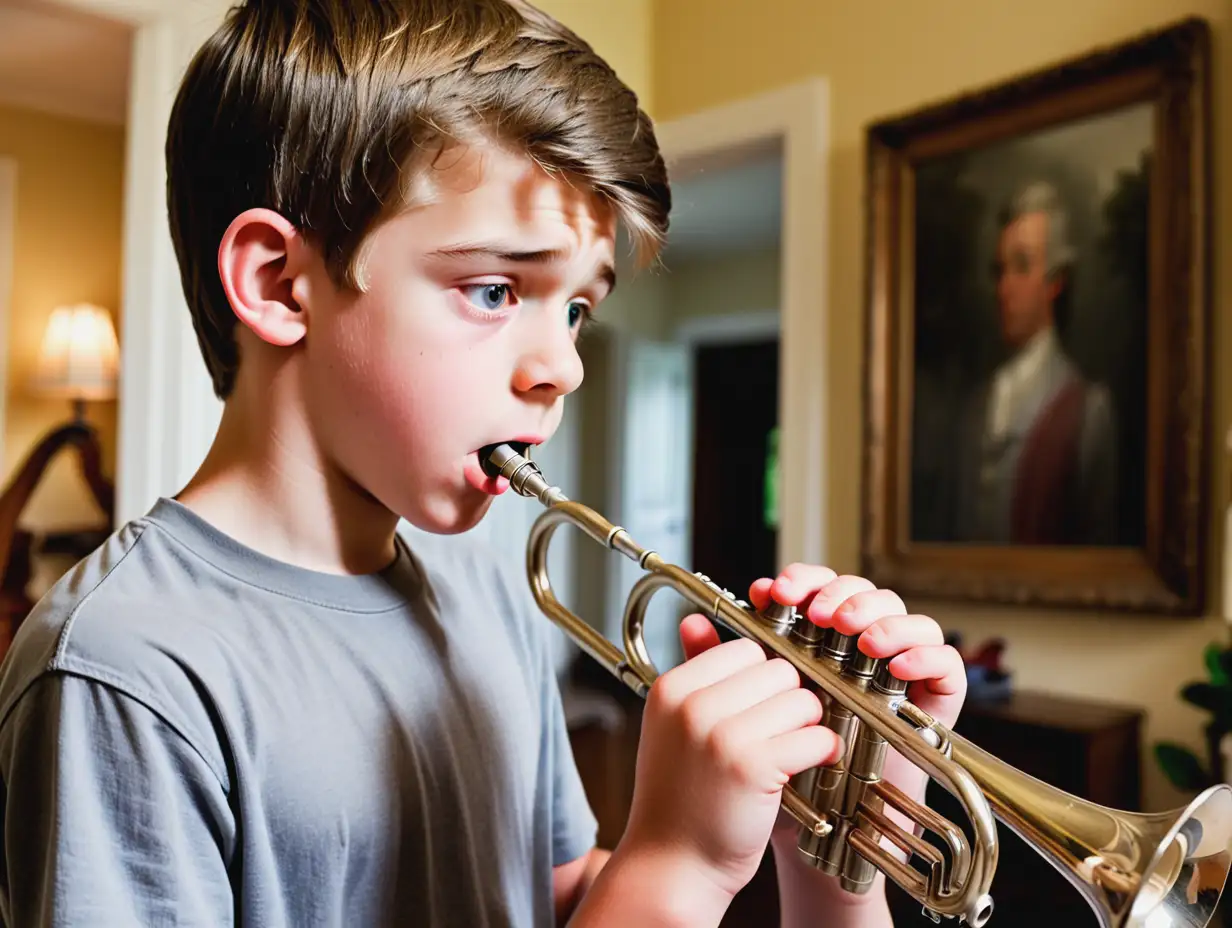 a 15 year old boy looking at a trumpet mouthpiece, confused, in a beautiful home