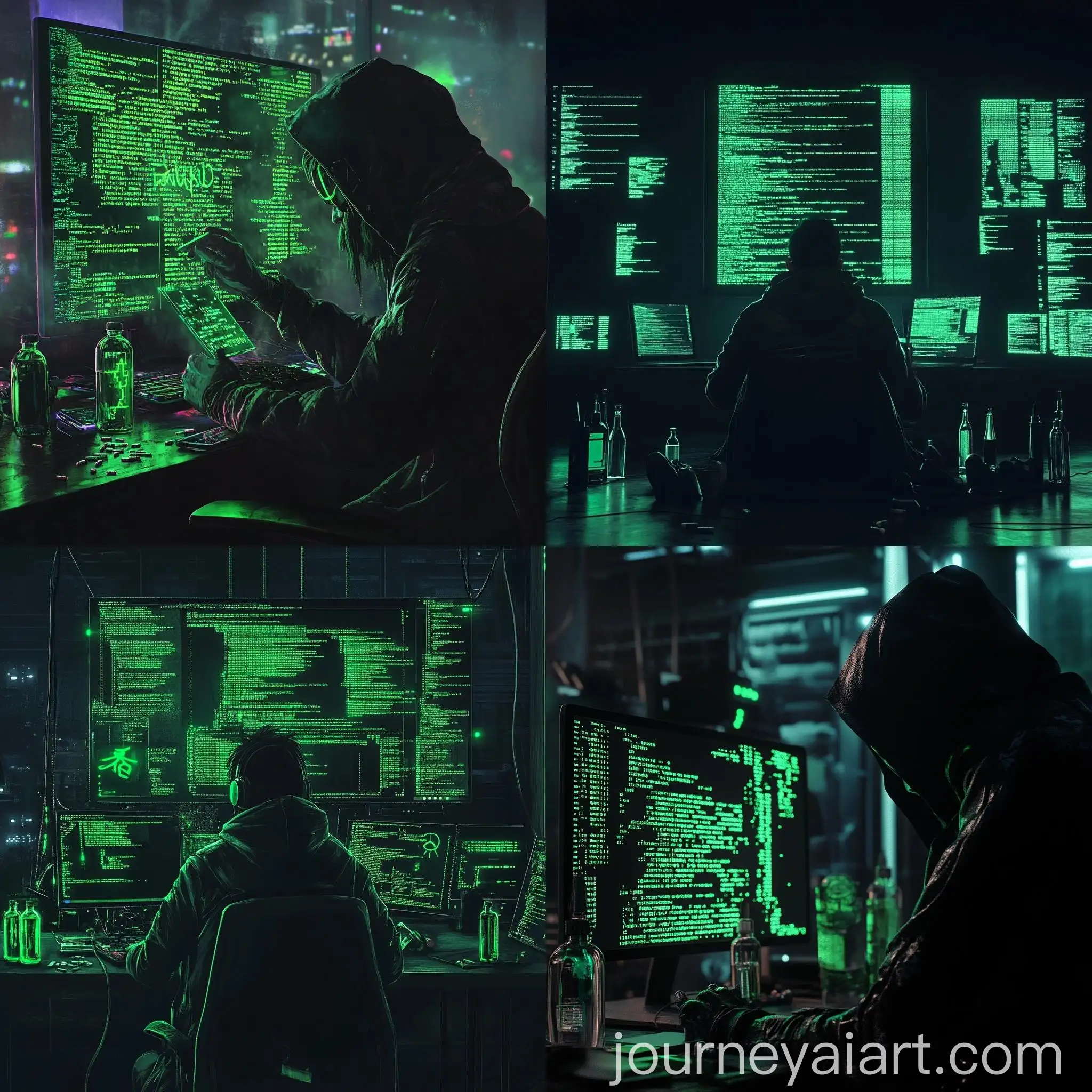 Mystical-Hacker-Surrounded-by-Screens-and-Neon-Green-Code-in-Dark-Room