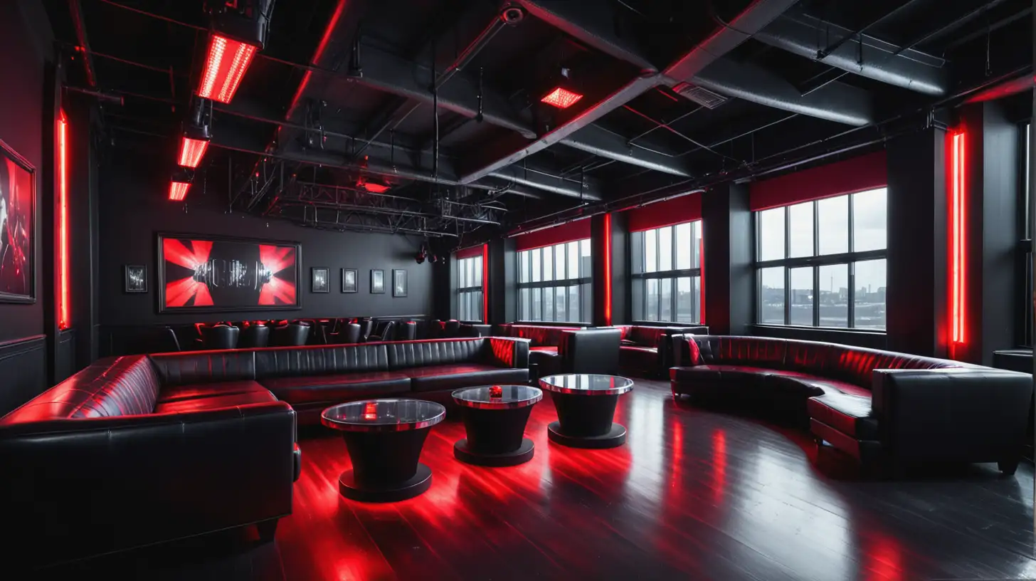 Empty Luxury Nightclub VIP Room with Red Lighting and Industrial View