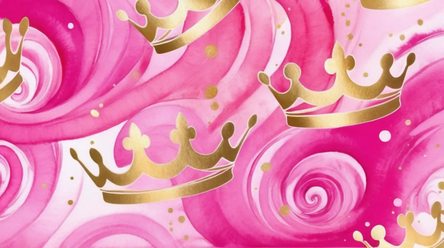 Abstract Minimalist Watercolor Swirls with Crowns and Sparkles in Hot Pink Gold