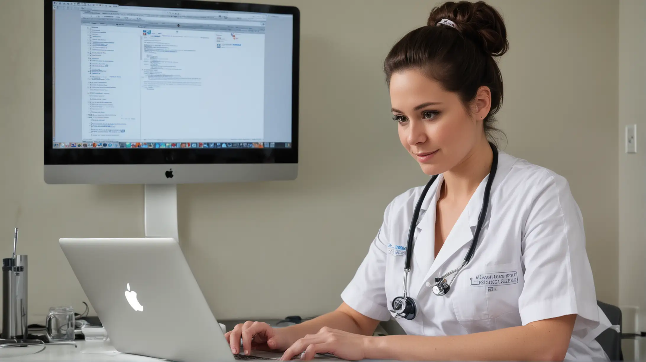 Medical Nurse Using MacBook in Hospital Setting