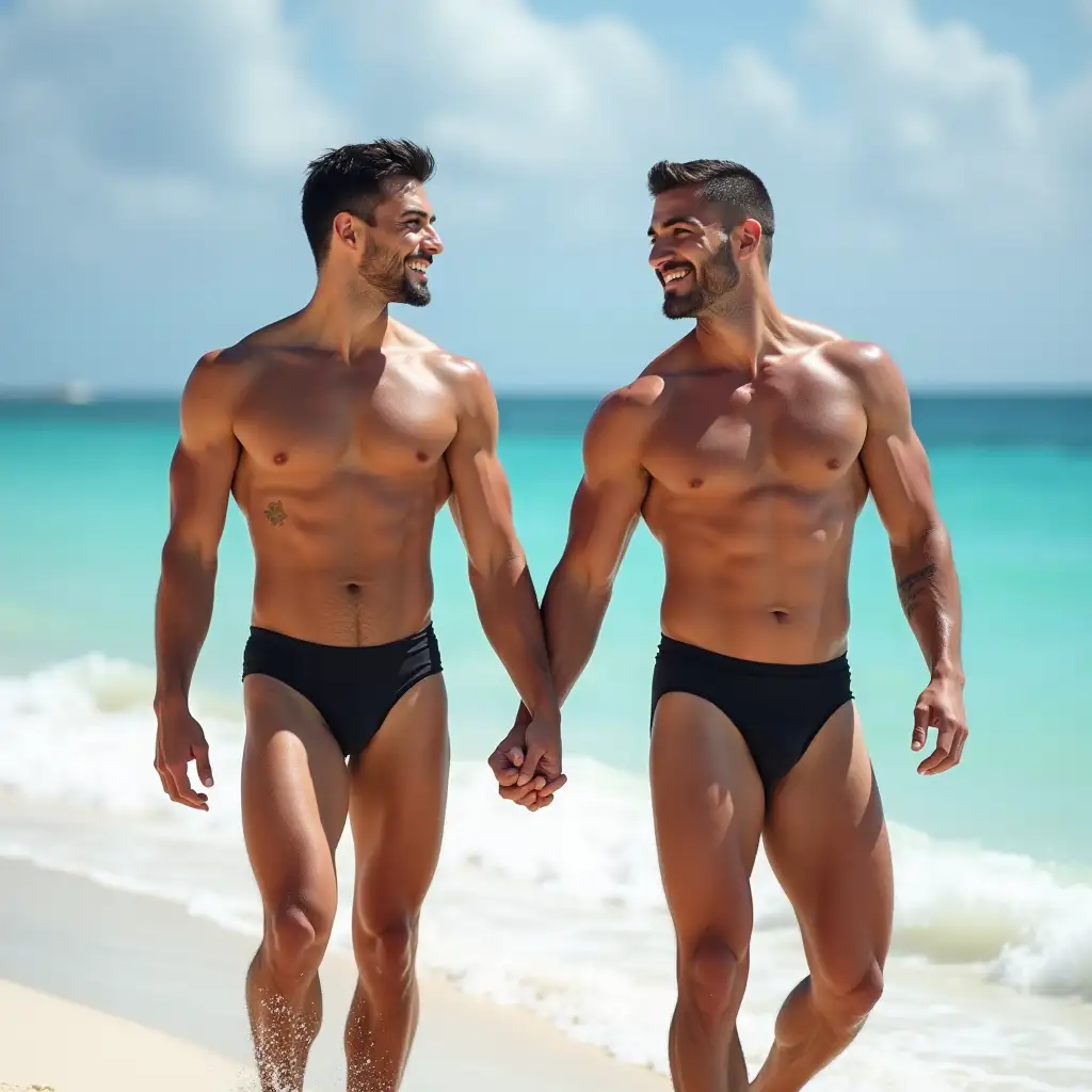 Muscular-Latino-Men-Walking-on-Cancun-Beach-Holding-Hands-in-Spandex-Swimsuits