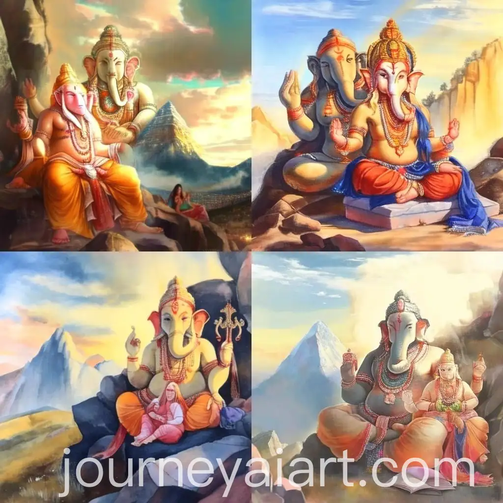Photorealistic-Watercolor-Painting-of-Lord-Ganesha-and-Goddess-Parvati-at-Mount-Kailash