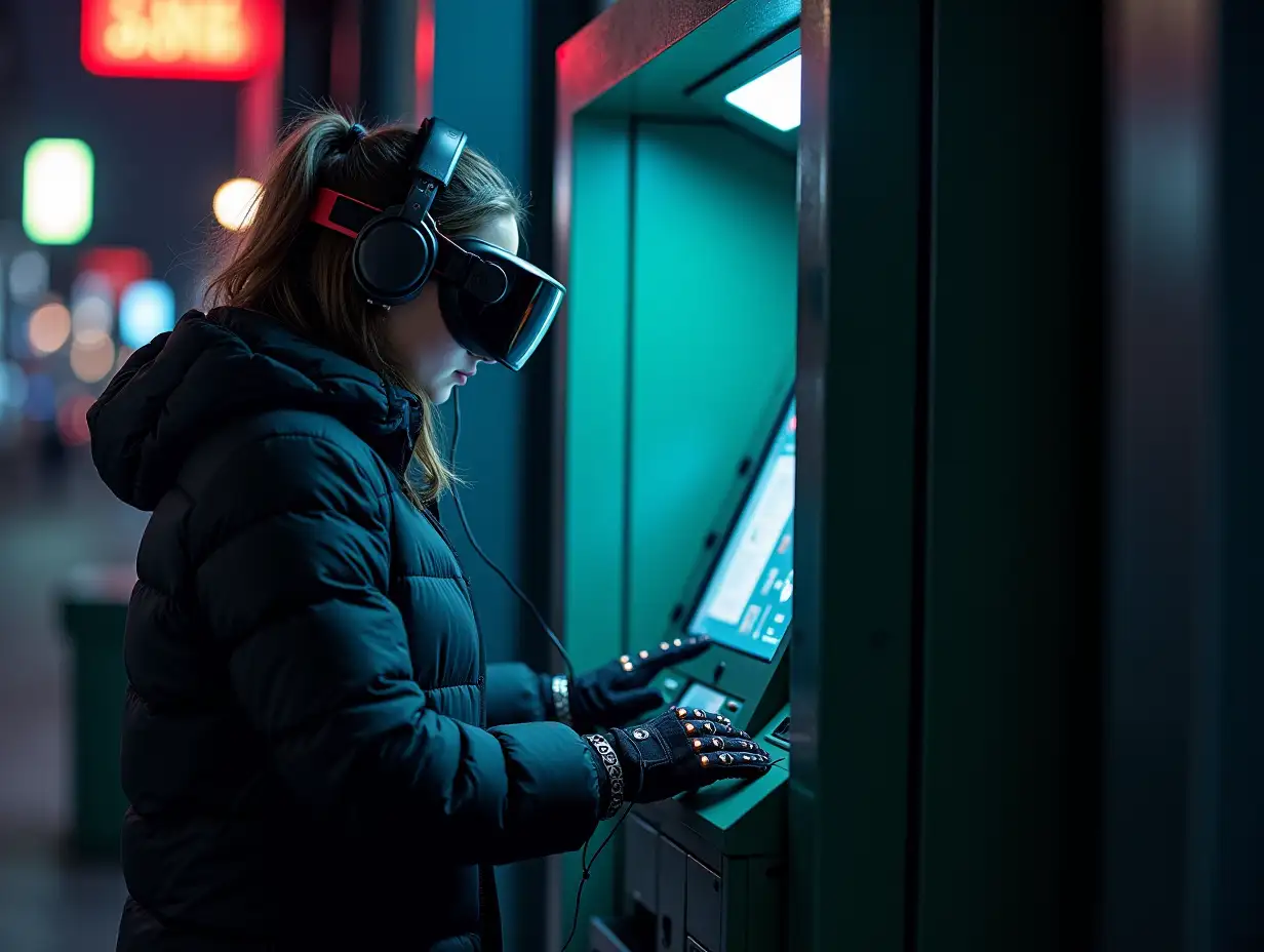 a young incognito stealth female hacker on a street at night, programming atm machine, hands covered, wearing puffer jacket, cybernetic headband, vr goggles, headphones, smartwatch over full electronic gloves, lots of wearable cyberpunk hardware, many wires connected from atm to gloves