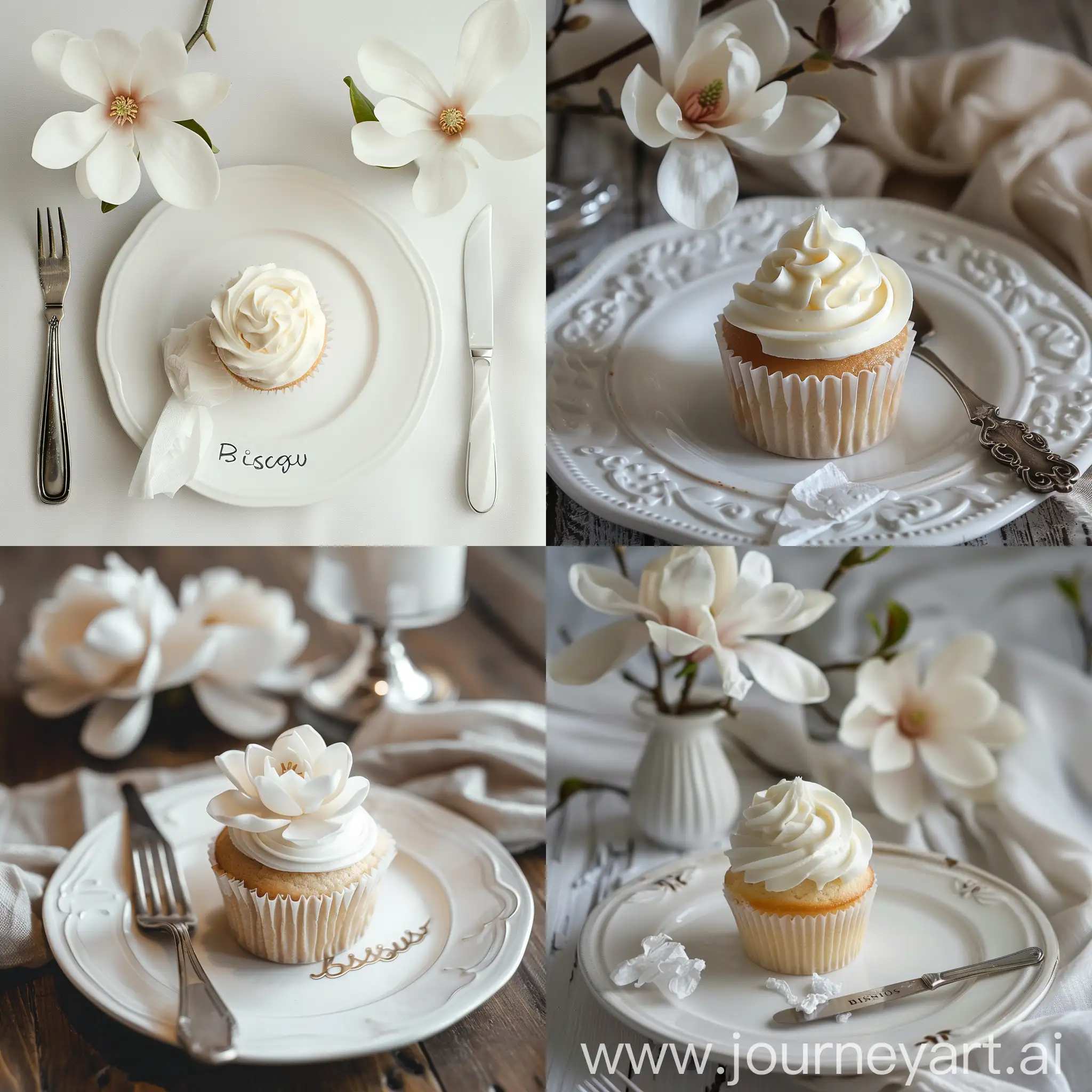 Elegant-White-Cupcake-with-Bisous-Decoration-and-Magnolia-Flower