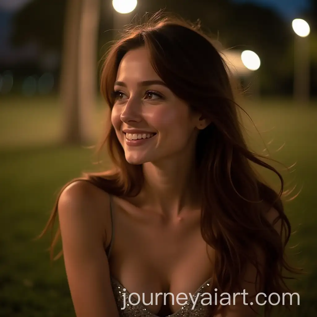 Woman-with-Amber-Eyes-in-Silver-Dress-Sitting-in-Park-at-Night