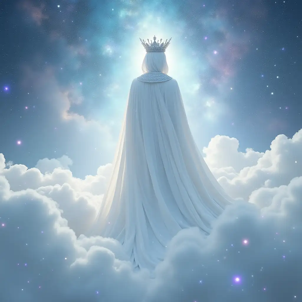 Bright White Galactic Being with Silver Crown Standing in Celestial Cloud