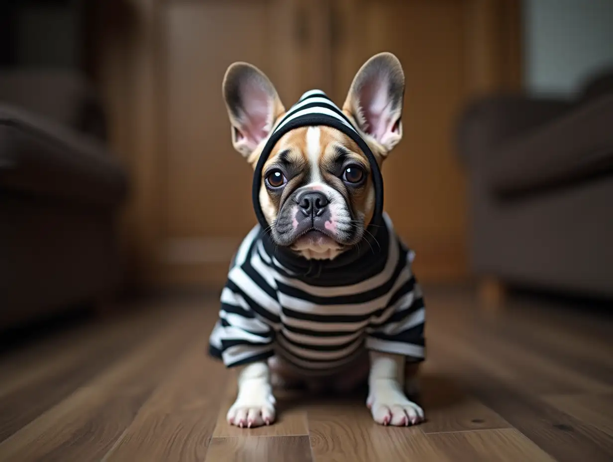 Cute French Bulldog in bad pet prisoner halloween costume