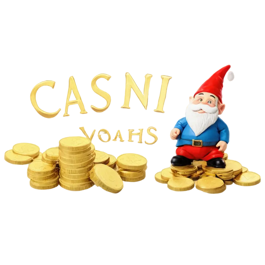 A gnome sits on a pile of golden coins. Inscription in a semicircle under the gnome: Casino - source of wealth.