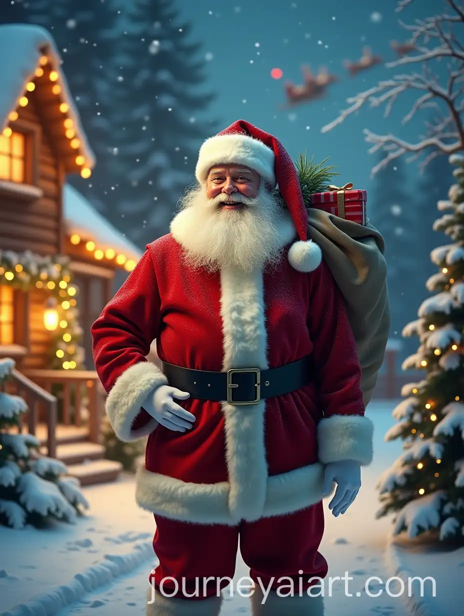 Santa-Claus-in-Snowy-Winter-Wonderland-with-Christmas-Lights-and-Gifts
