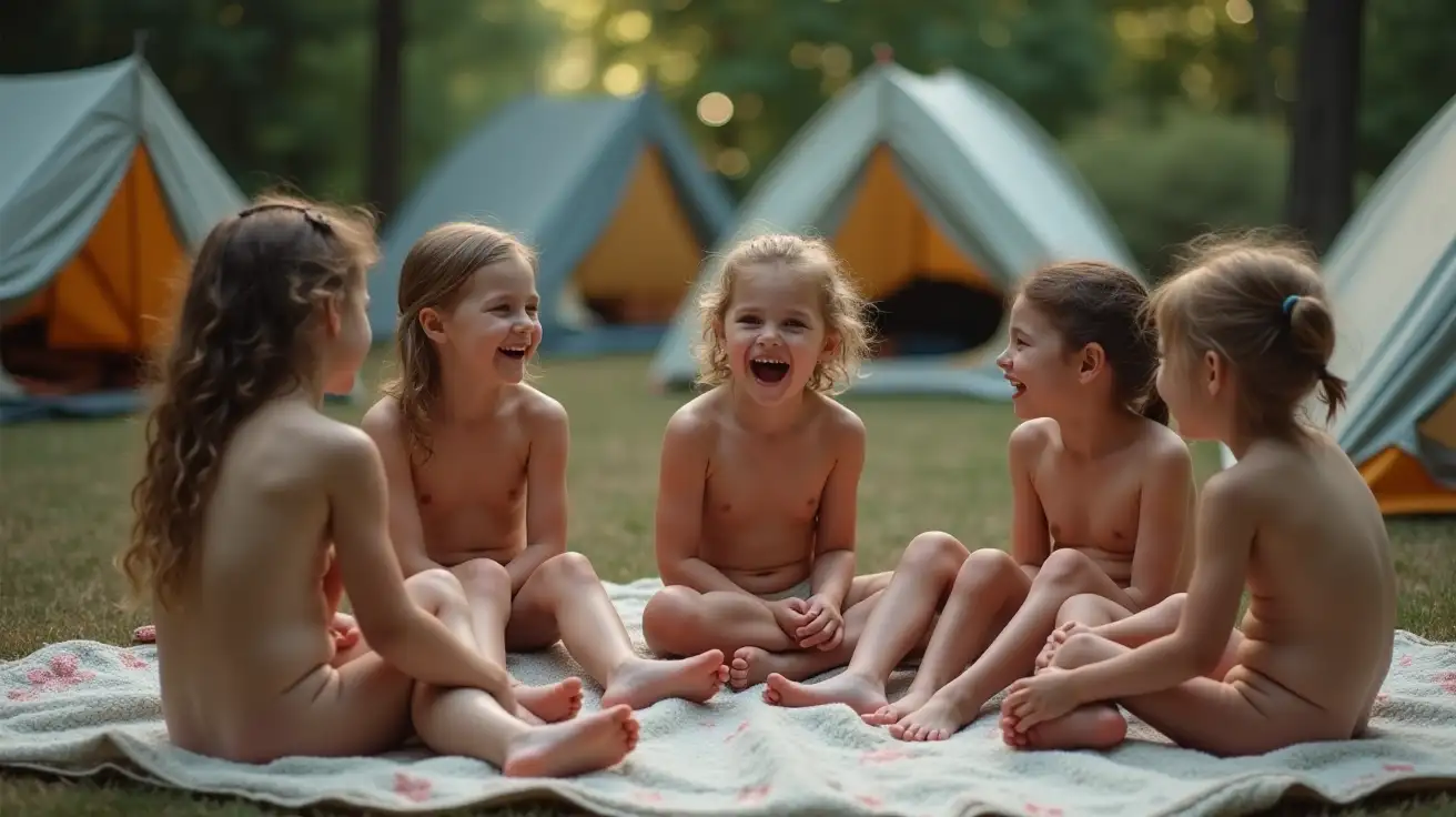 Group-of-Skinny-Little-Girls-Laughing-on-a-Blanket-at-a-Campground