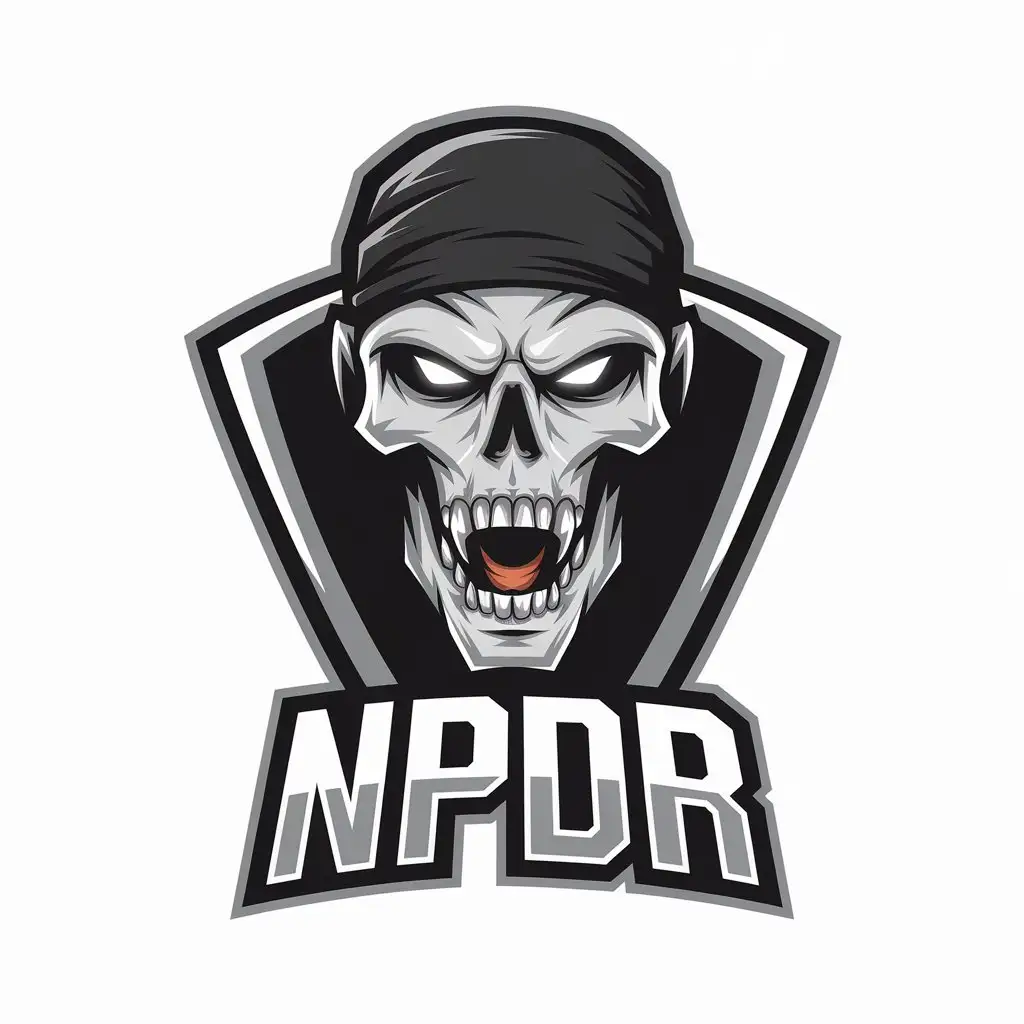 LOGO Design for NPDR Cybersport Style with Evil Humanoid Skull Fangs and Bandana in Black White