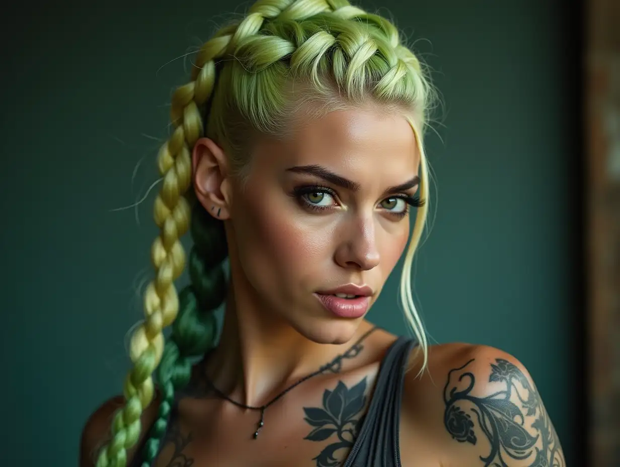 a beautiful white woman with tattoo, long mixed green-yellow braided hair in a assassin style