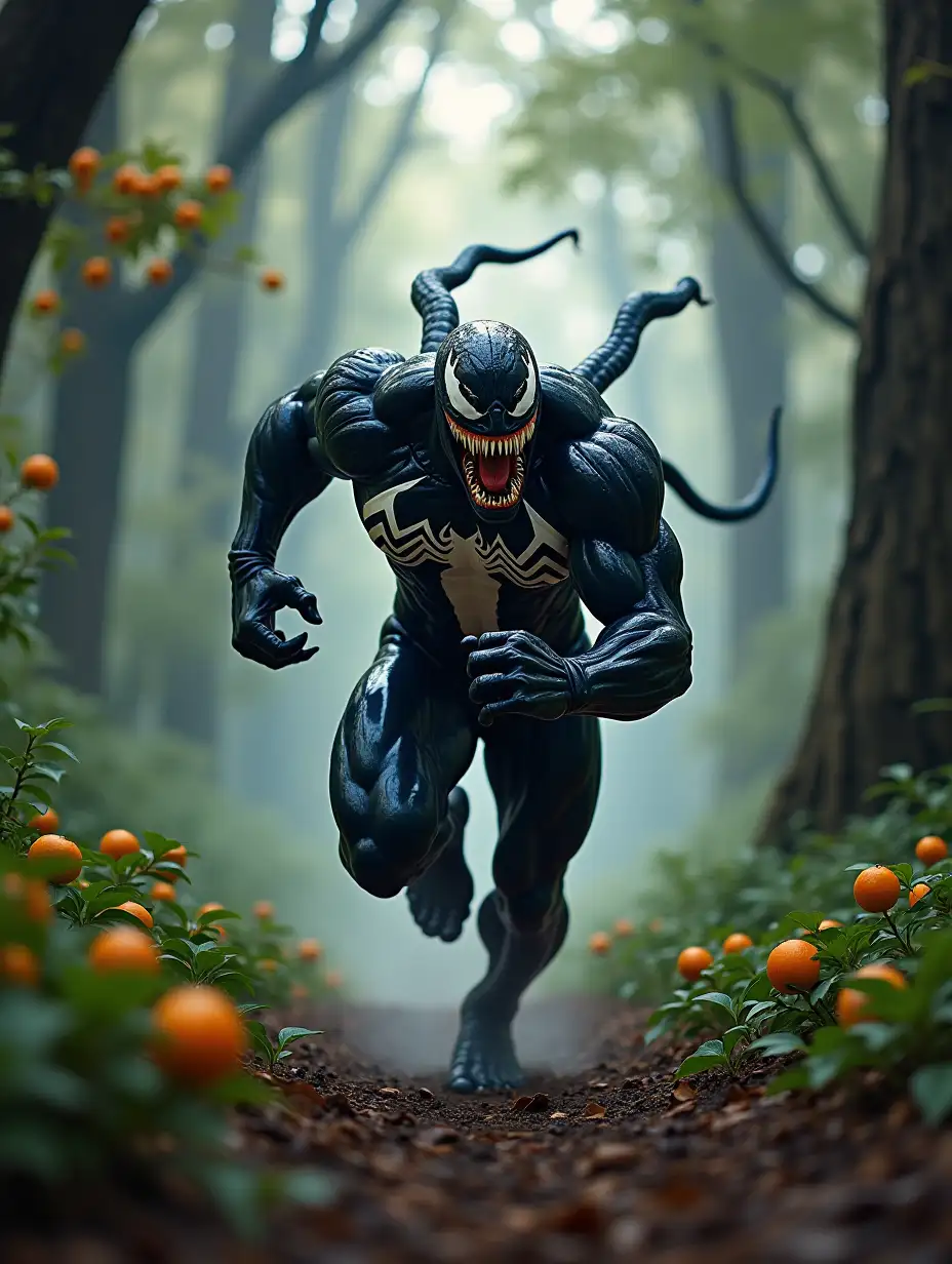 Create an image of Venom in a dynamic running pose, with his muscular body tensed and his sharp claws gripping the ground. The background is a lush forest filled with towering trees and vibrant greenery. The trees are heavily laden with bright orange fruits, adding a striking contrast to the dark tones of Venom's symbiote form. The atmosphere is slightly misty, giving the scene a mysterious and intense feel, as if Venom is chasing or being chased through the wild terrain.