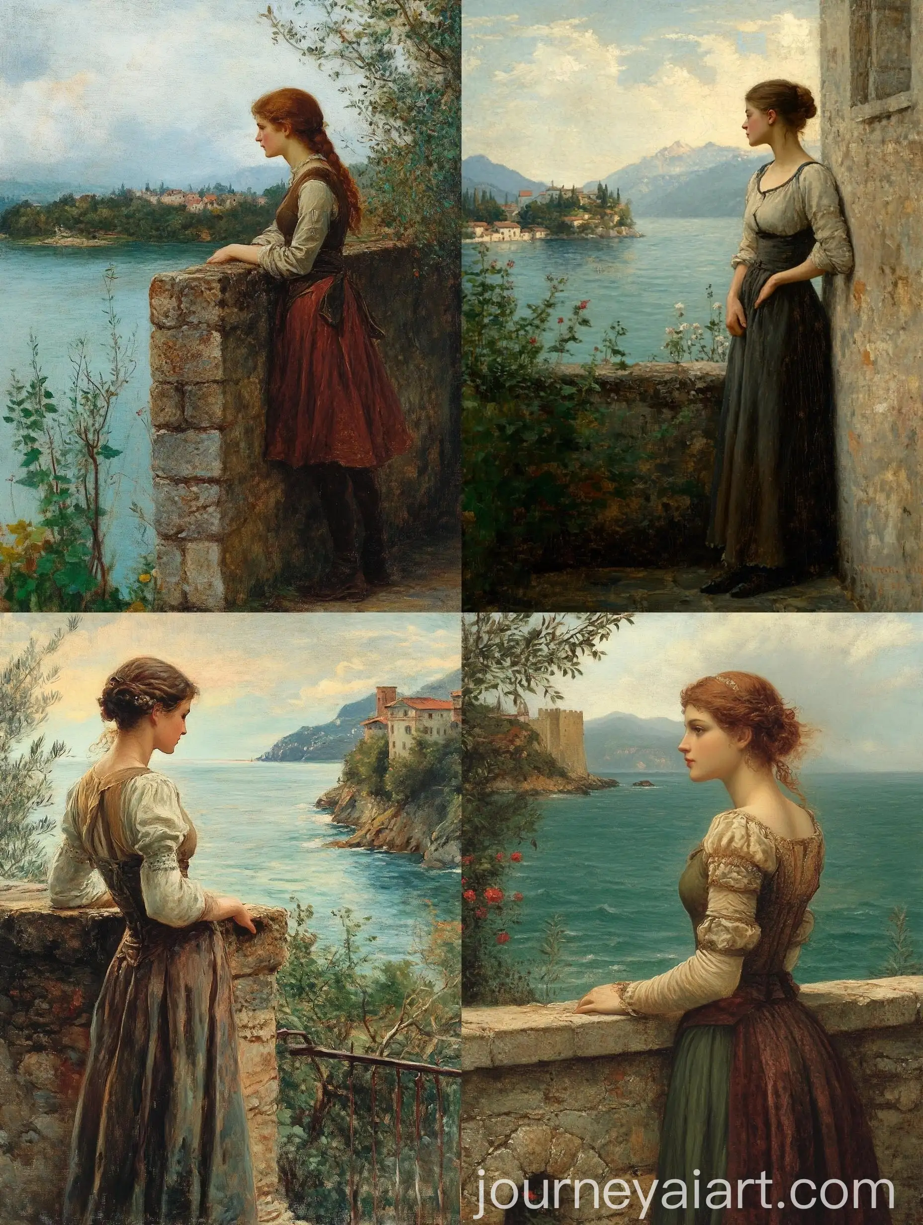 Renaissance-Woman-Leaning-on-Stone-Wall-Gazing-at-Sea