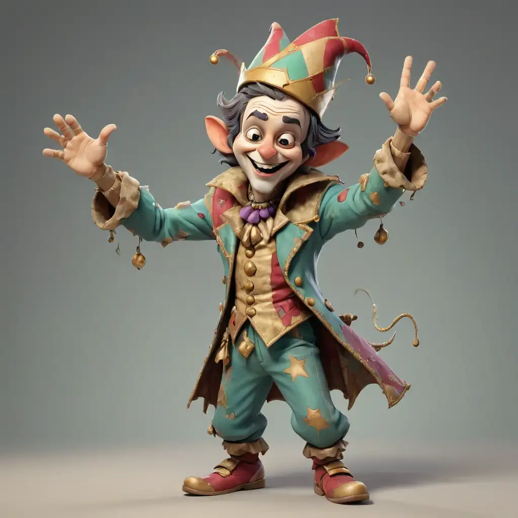 court jester In an old shabby suit, waving his hand, posing like a rockstar, whole body, 3D modern cartoon style, chibi