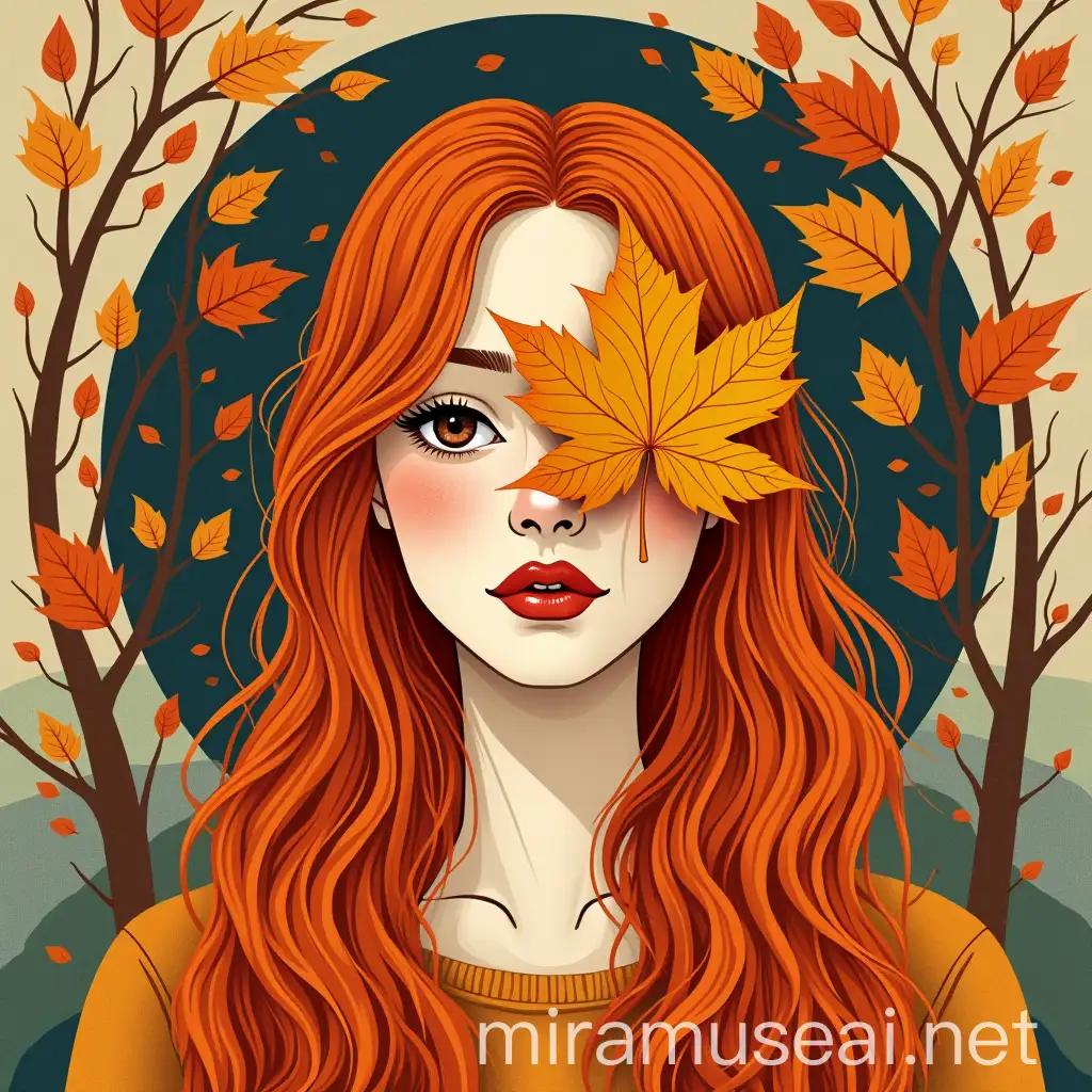 Woman with Long Orange Hair and Autumn Leaf Mask in Abstract Folk Art Style