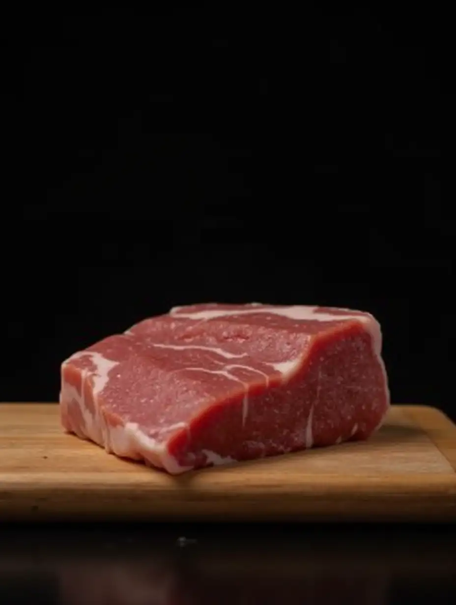 Black background in the foreground a wooden board on it a large piece of meat excellent quality