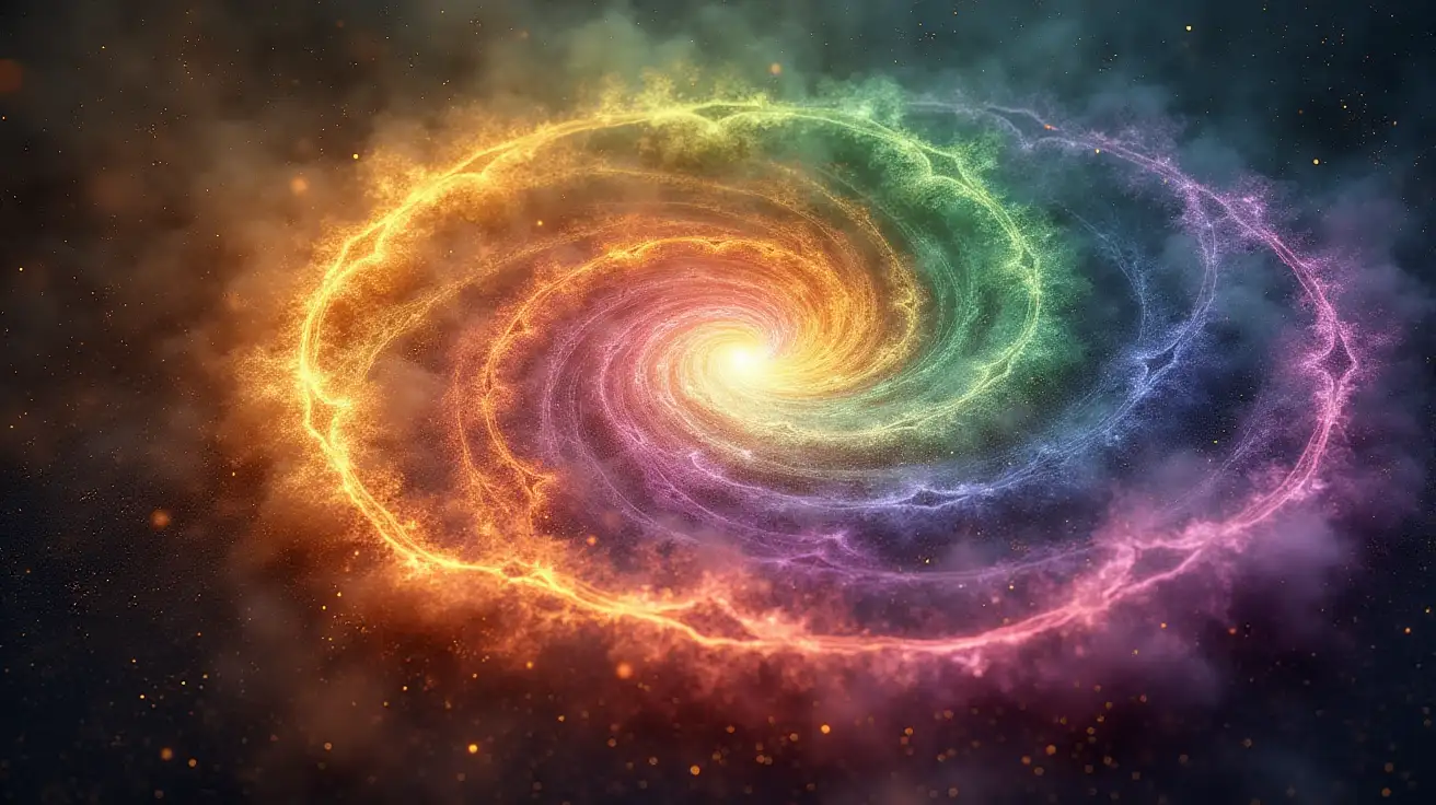 Create an image of a torus energy vortex made up of the colours gold, violet and green.