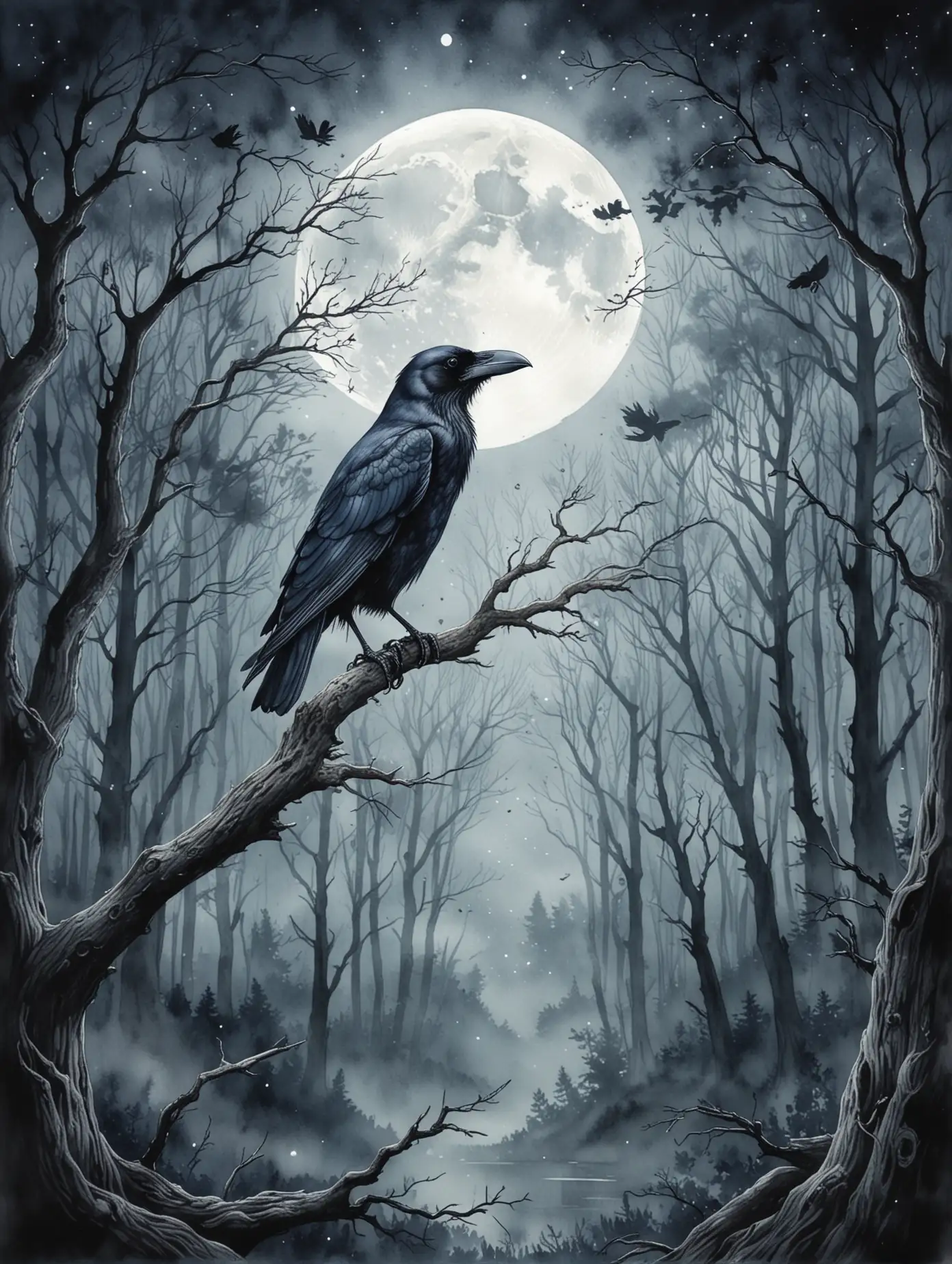 Crow-Sitting-on-a-Tree-in-a-Dark-Forest-Under-the-Moonlight-Watercolor-Artwork