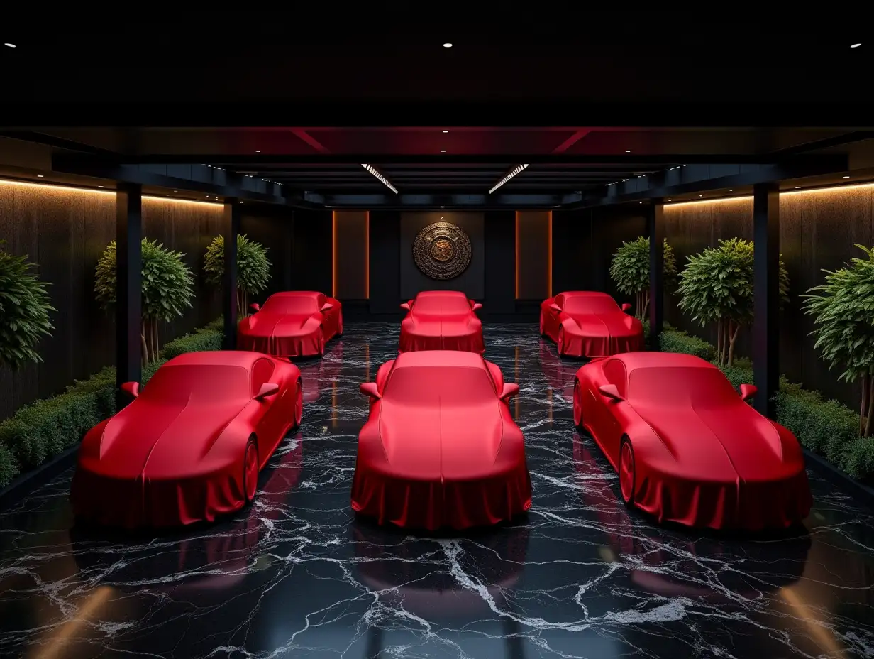 a luxurious black marble garage with marble on the floor with 6 cars parked diagonally  all cars covered with a red silk car cover, front top down visualization,  some greenery to make the place seem more alive, some perimeter LEDs around the cars and on the walls