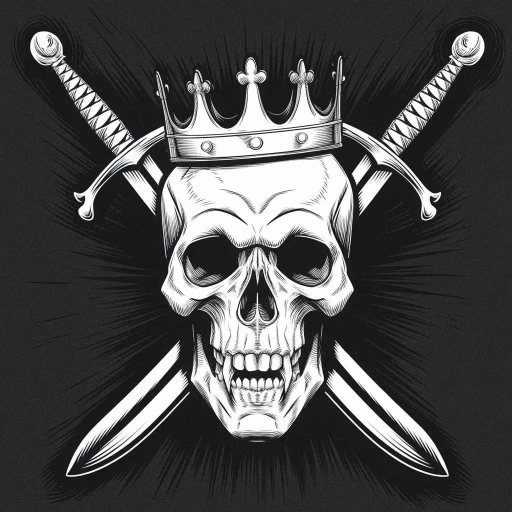 black and white sketch vampire skull crossed swords in background