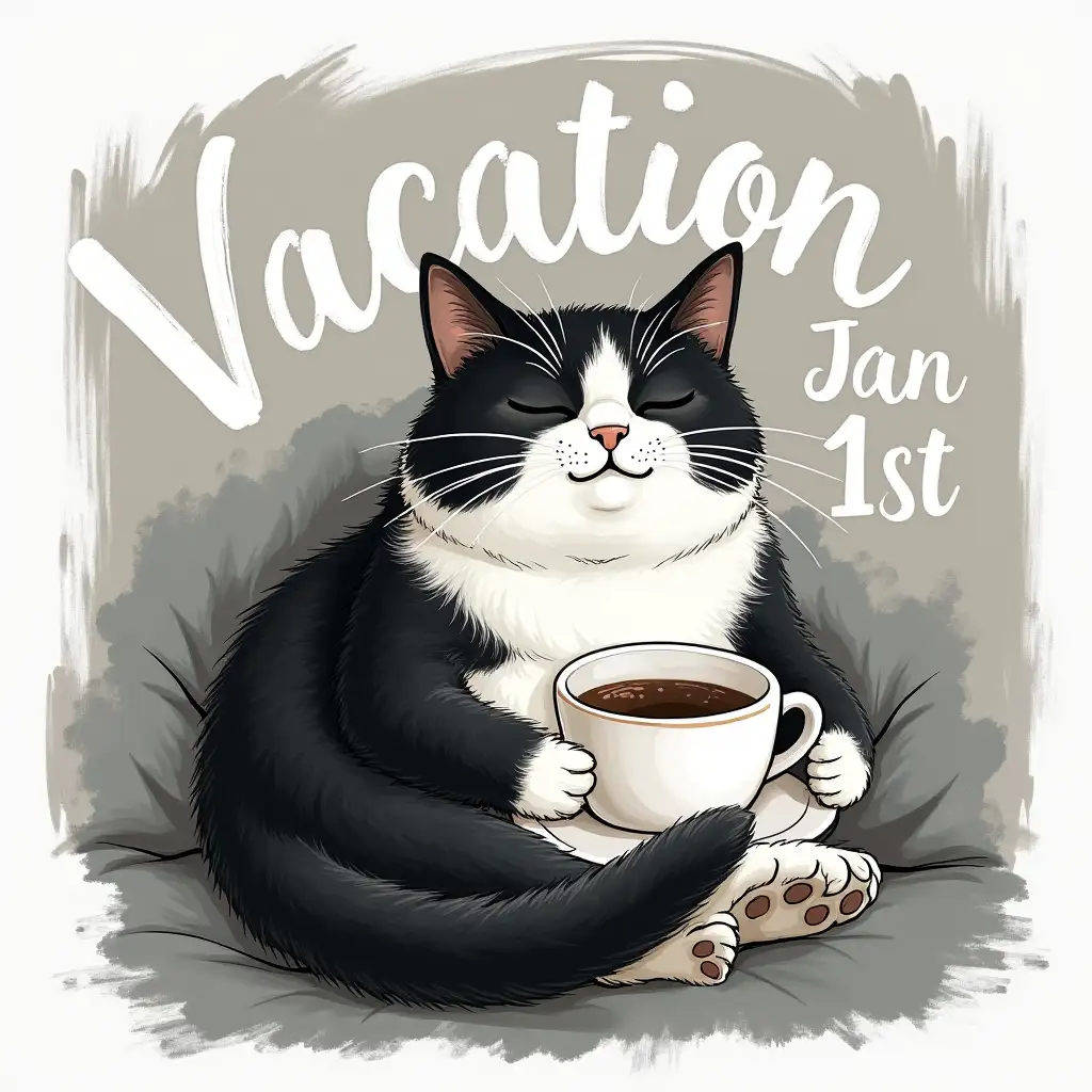 A black and white cat, relaxing with a cup of coffee, on vacation.  The word 'Vacation Jan 1st' is painted over it in big, white brush strokes with visible texture.