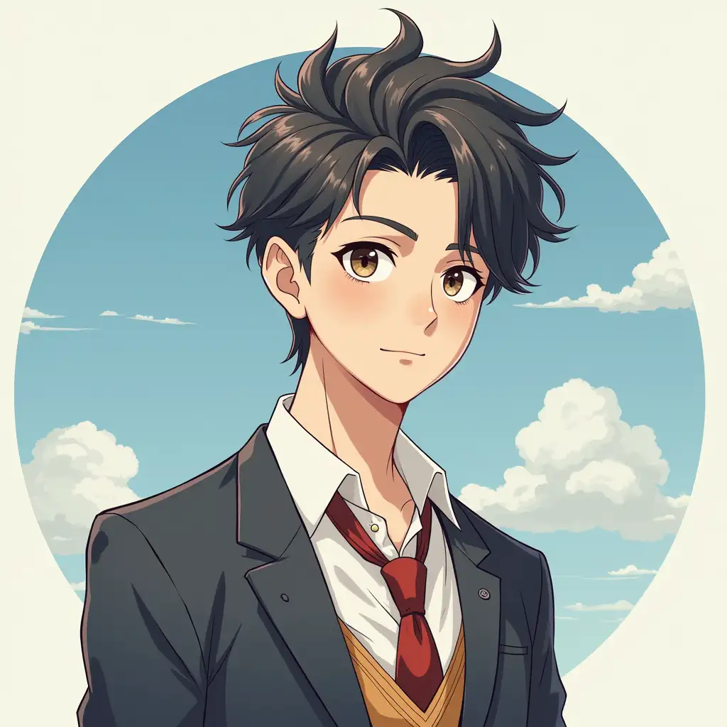 Handsome anime boy, illustration in school