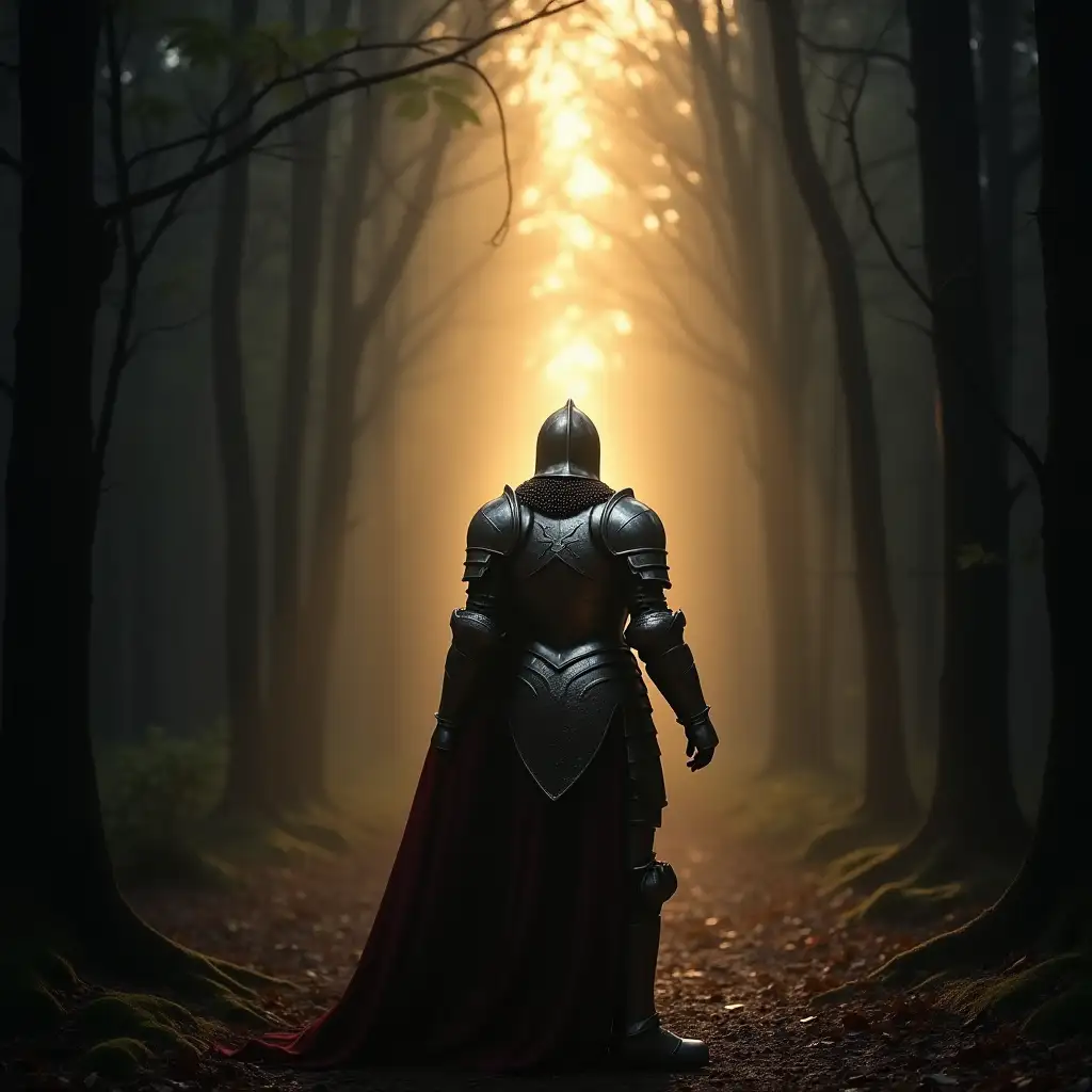 A knight standing before a radiant, ethereal light in a dark, shadowy forest. Their armor is cracked and broken, but a warm, golden glow begins to envelop them, symbolizing inner strength, redemption, and the beginning of a new journey.