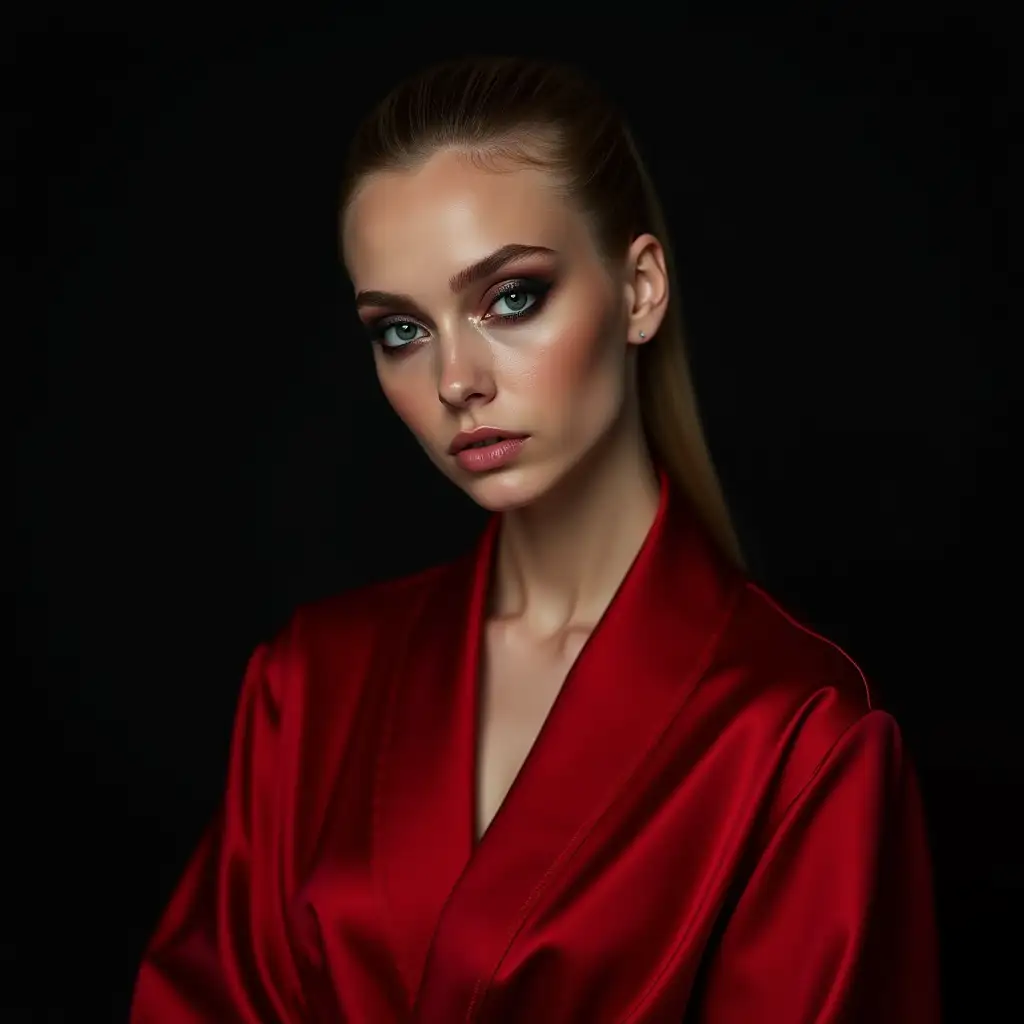 HighFashion-Portrait-of-a-Young-European-Woman-in-Red-Silk-Robe